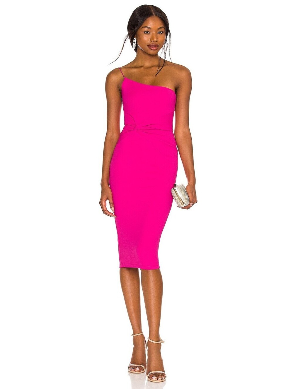 Nookie Lust One Shoulder Twist Front Midi Dress Hot Neon Pink Women's XS